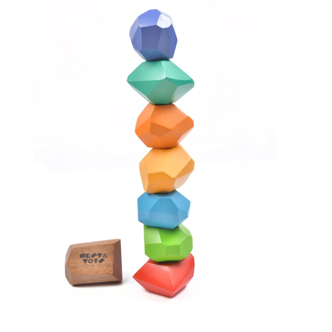 Nesta Toys Wooden Stone Balancing Blocks | Rainbow Stacking Sensory Toy (8 Pcs)