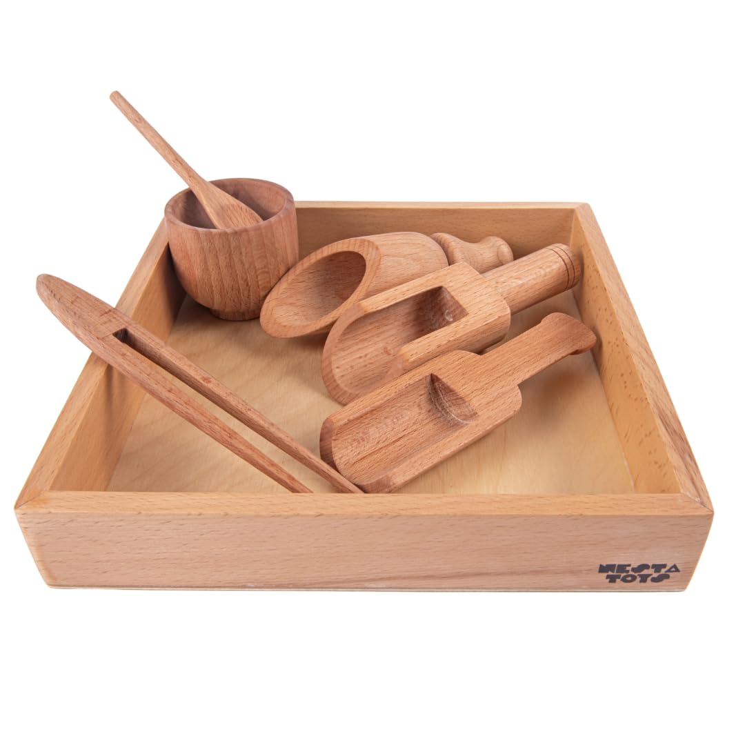 Nesta Toys Montessori-Inspired Sensory Tools: Bin Tools (6 Pcs), Bin Tools with Tray (7 Pcs), Sand Writing Tray, Dough Tool Set