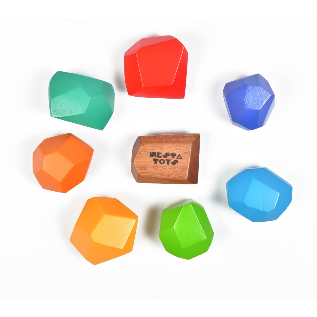 Nesta Toys Wooden Stone Balancing Blocks | Rainbow Stacking Sensory Toy (8 Pcs)