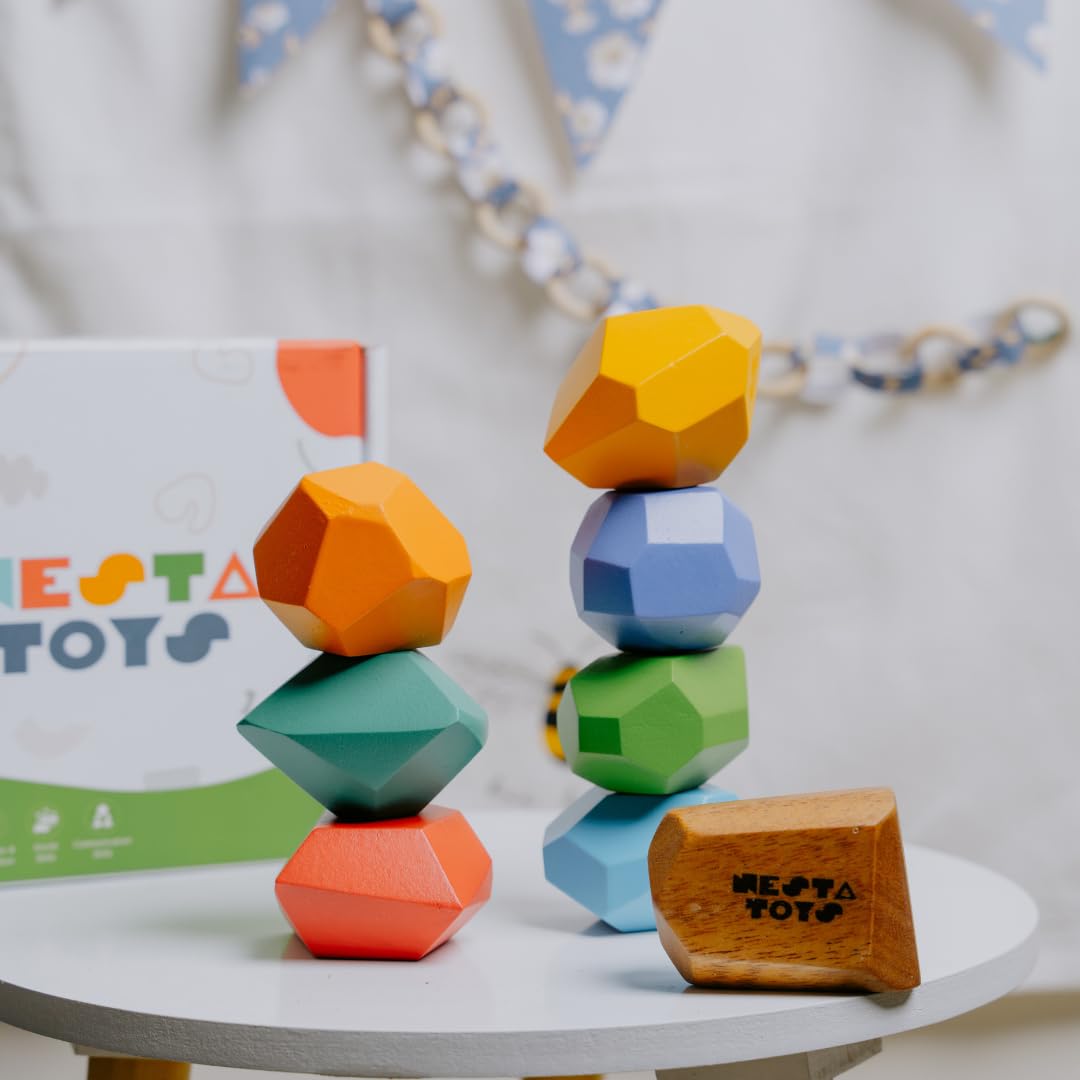 Nesta Toys Wooden Stone Balancing Blocks | Rainbow Stacking Sensory Toy (8 Pcs)