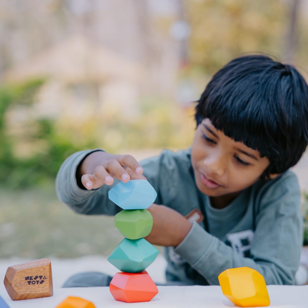 Nesta Toys Wooden Stone Balancing Blocks | Rainbow Stacking Sensory Toy (8 Pcs)