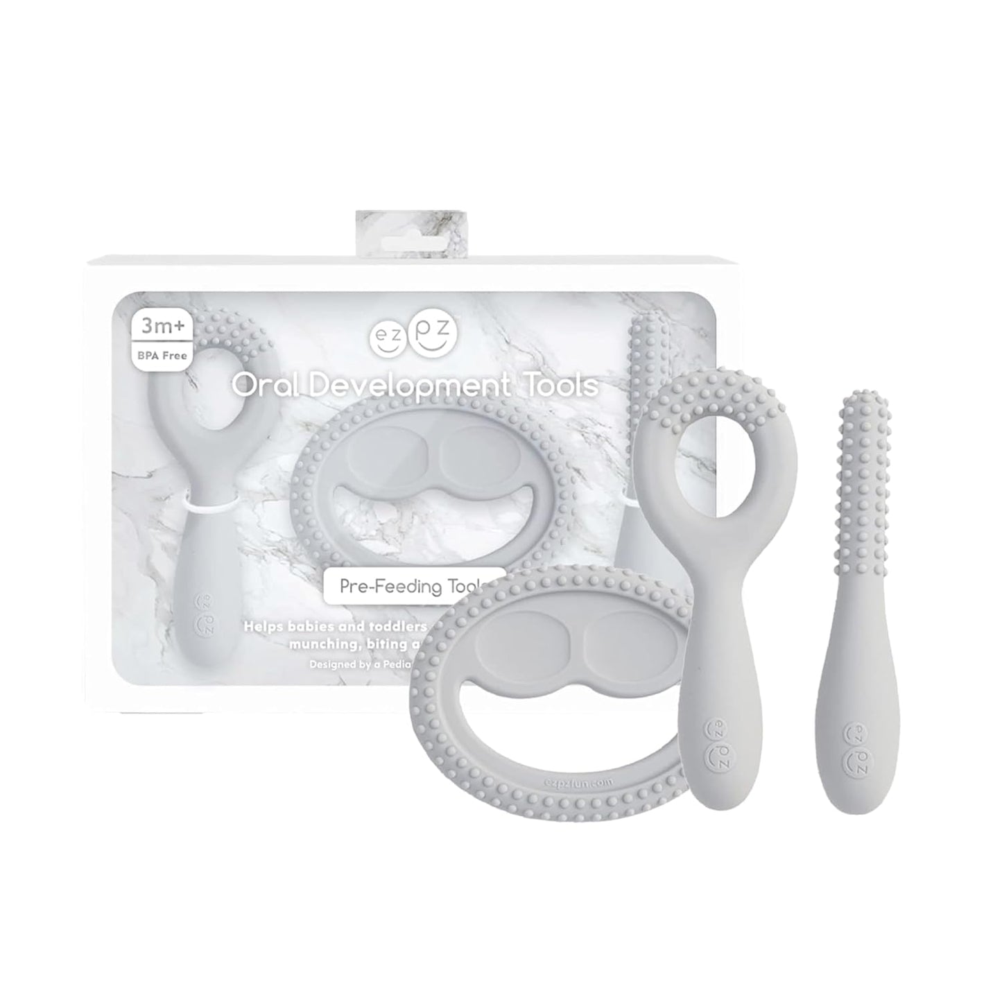 ezpz Oral Development Tools (3 Pack) - Non-Slip Loop, Smile and Stick, 100% Soft Silicone Tools That Encourage Speech Sound, Pre Feeding + Chewing - Sensory Bumps + Tactile Input - 3 Months+ (Pewter)