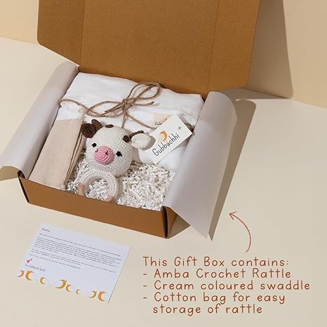 Gubbachhi- Rattle with Cream Swaddle Gift Set - Aaram Parents