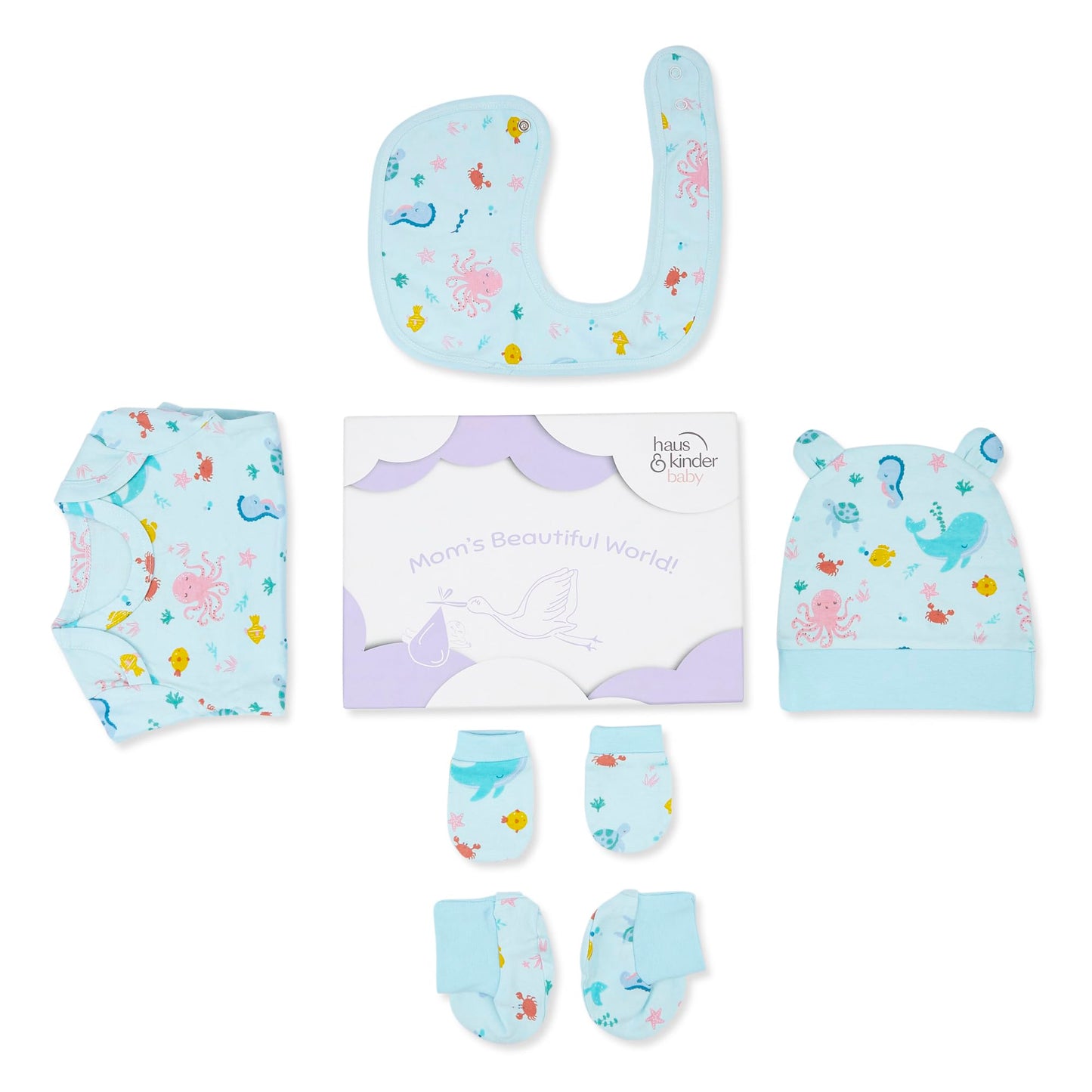 Haus and Kinder Baby Gift Set - Pack of 5 (Bundle With Onesie, Bib, Cap, Mittens & Booties) 2 Variants