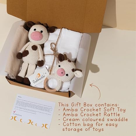 Gubbachhi Soft Toy & Rattle with Cream Swaddle Gift Set - Aaram Parents
