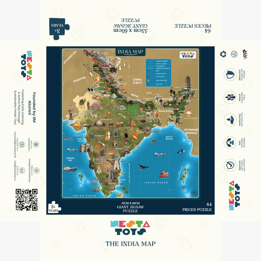 Nesta Toys - Educational Jigsaw Puzzles (64 Pcs) - 4 Variants: India Map, Modes of Transport, Prehistoric Park, Construction Site