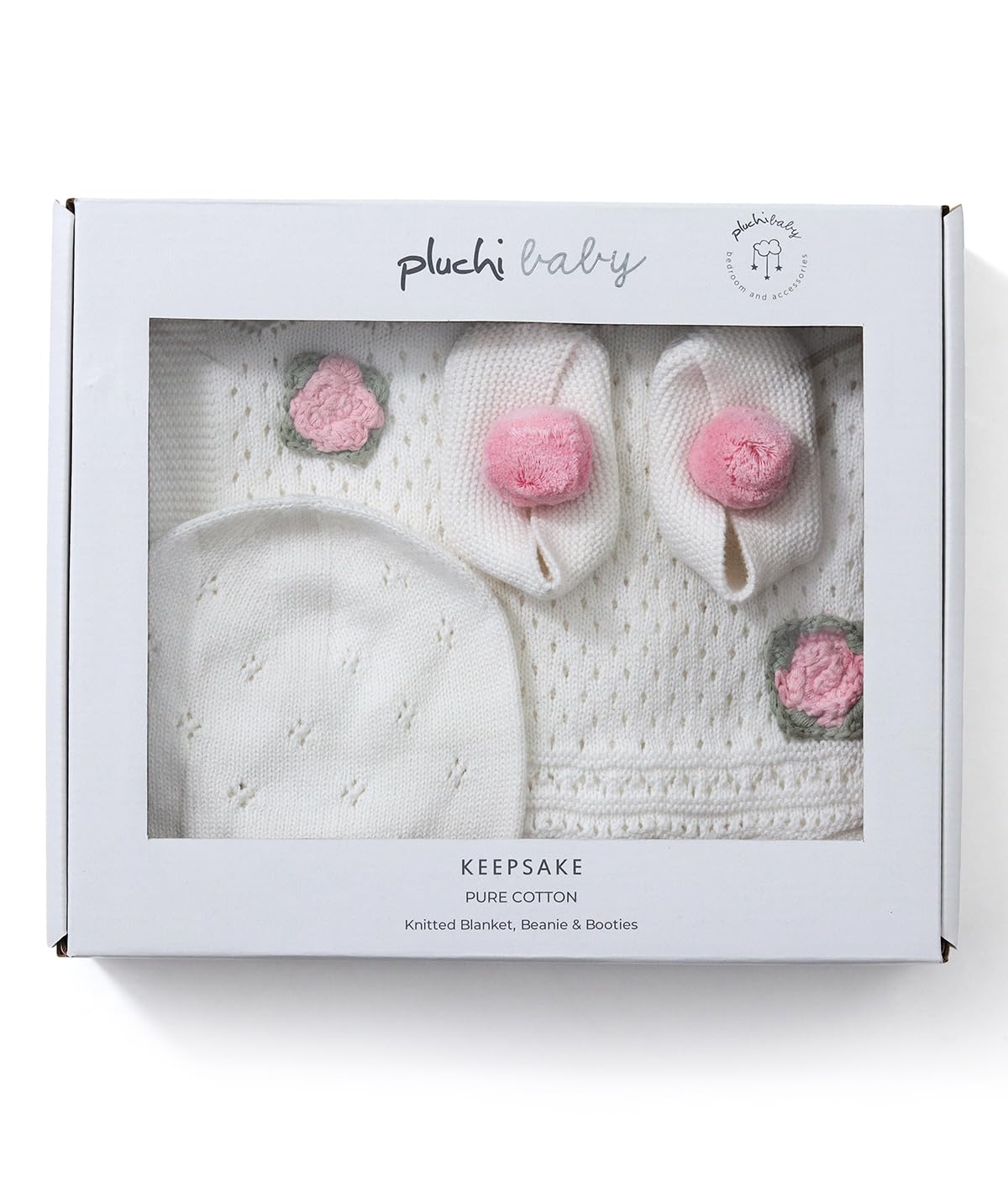 Pluchi Keepsake Baby Gift Set - Crochet Knit Blanket with Hand Crochet Flowers with Booties & Cap in Box Packing