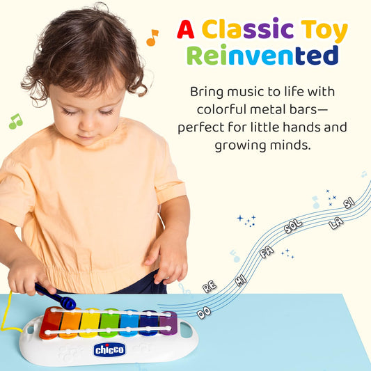 Chicco Happy Music My First Xylophone | 7 Vibrant Metallic Bars with Stick |Toys to Develop Manual Coordination and Music Sensitivity in Babies and Kids| 1-4 Years