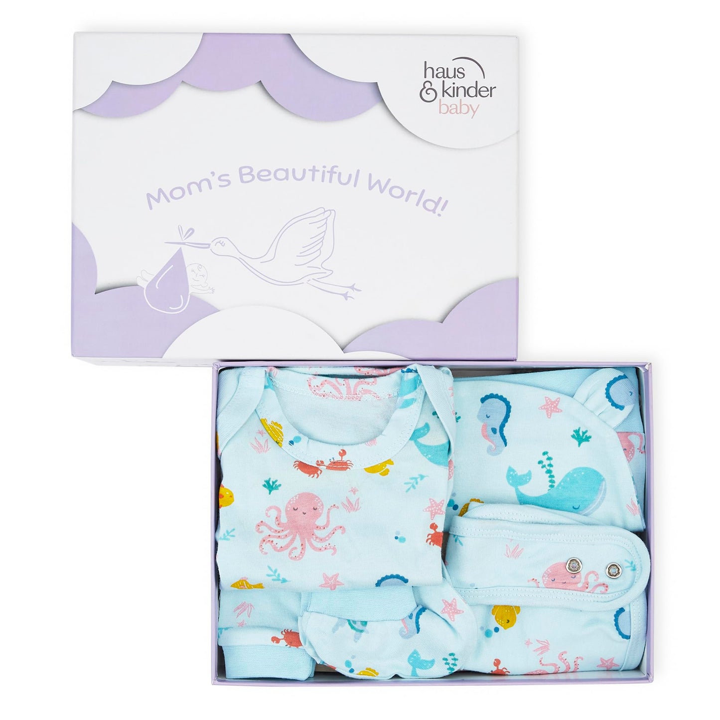 Haus and Kinder Baby Gift Set - Pack of 5 (Bundle With Onesie, Bib, Cap, Mittens & Booties) 2 Variants