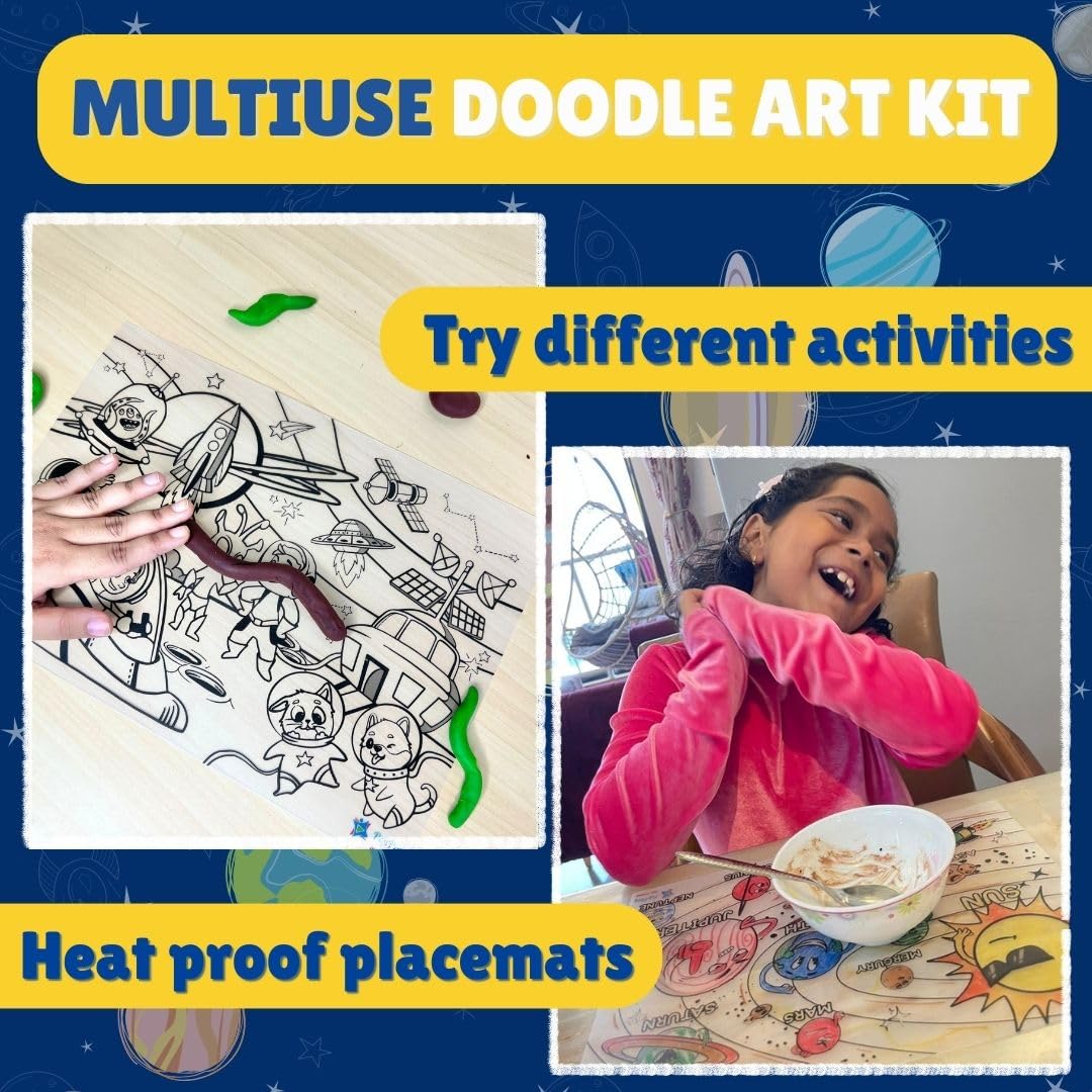 PepPlay Doodle Placemats- 3 Variants to Choose From (Space Series, Heroes & Monsters, and Magical Land) - Aaram Parents