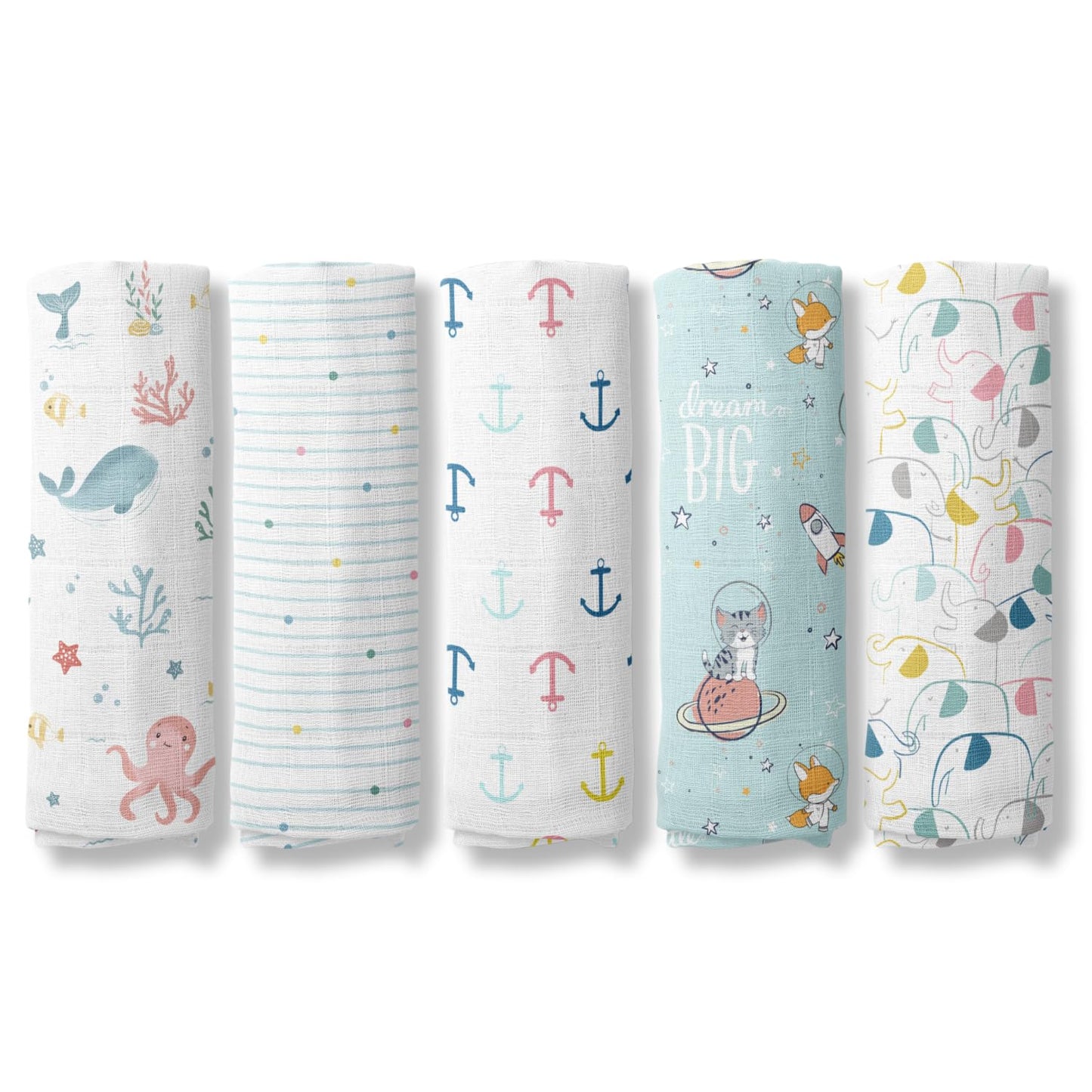 Haus and Kinder 100% Cotton Muslin Swaddles Wrap For Newborn Baby - Soft Swaddle Cloth For New Born, Muslin Baby Swaddle Wrap For New Born, New Born Swaddle, 100X100 Cm, Pack Of 5, Nautical Collection