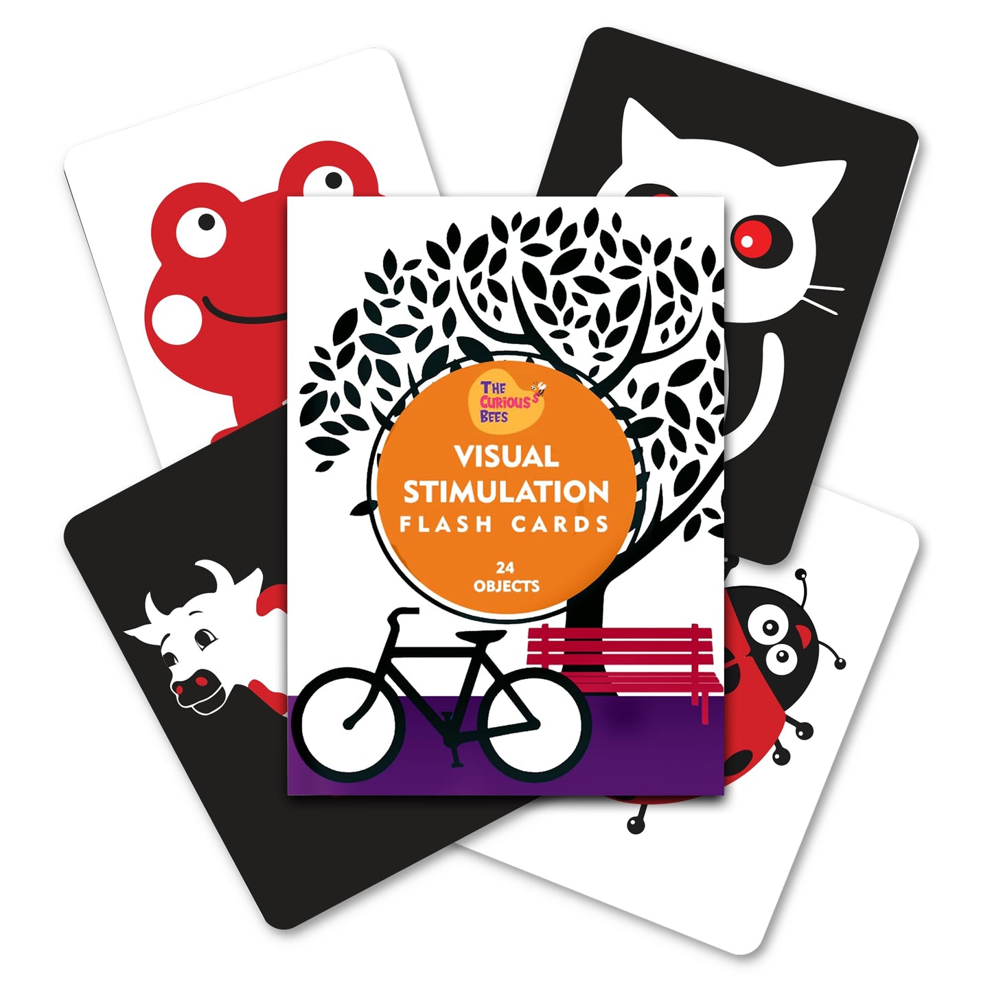 The Curious Bees - High Contrast New Born Anti-Glare Cards | 24 Objects for Visual Stimulation, Cognitive & Sensory Development of 0-6 Month Old Infants