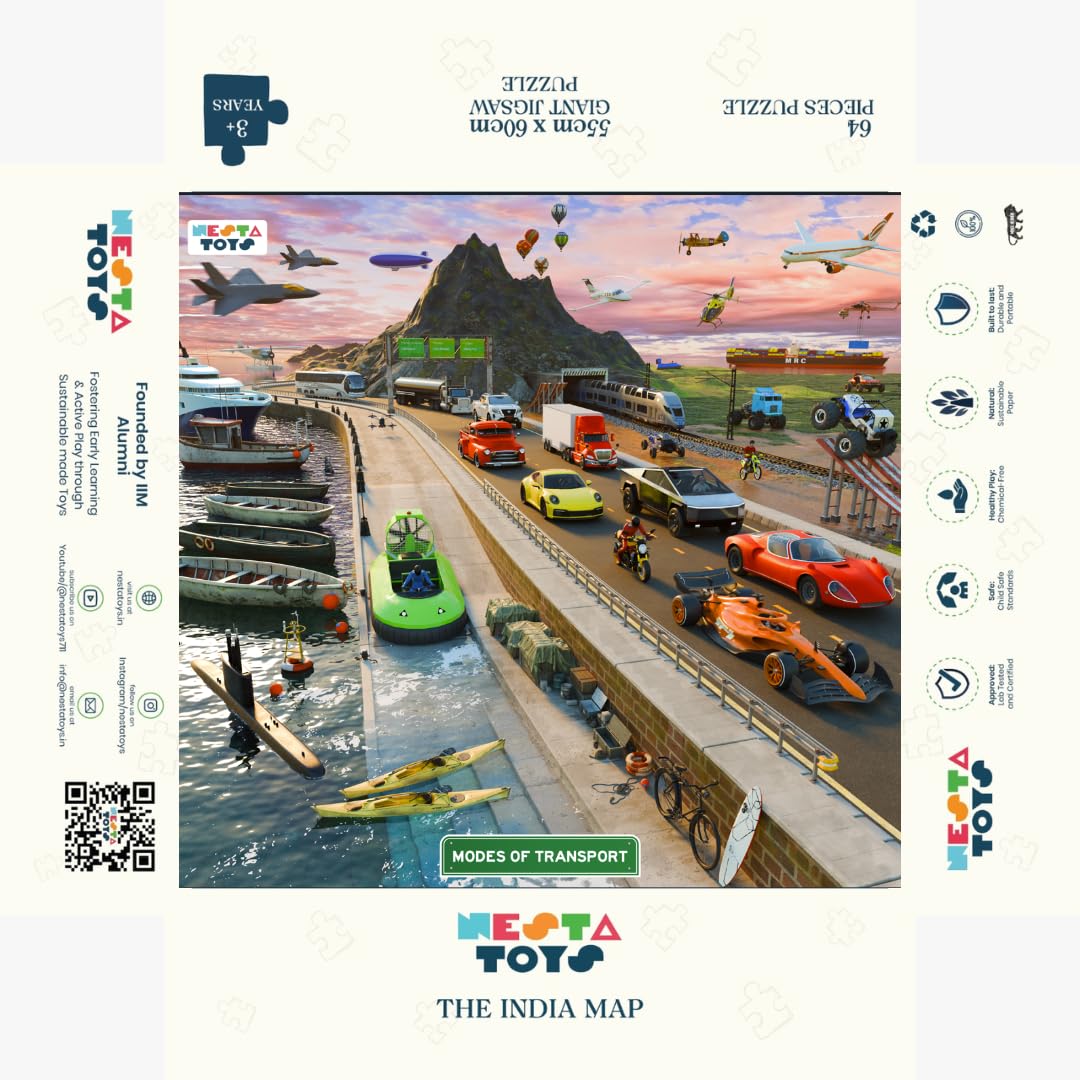 Nesta Toys - Educational Jigsaw Puzzles (64 Pcs) - 4 Variants: India Map, Modes of Transport, Prehistoric Park, Construction Site