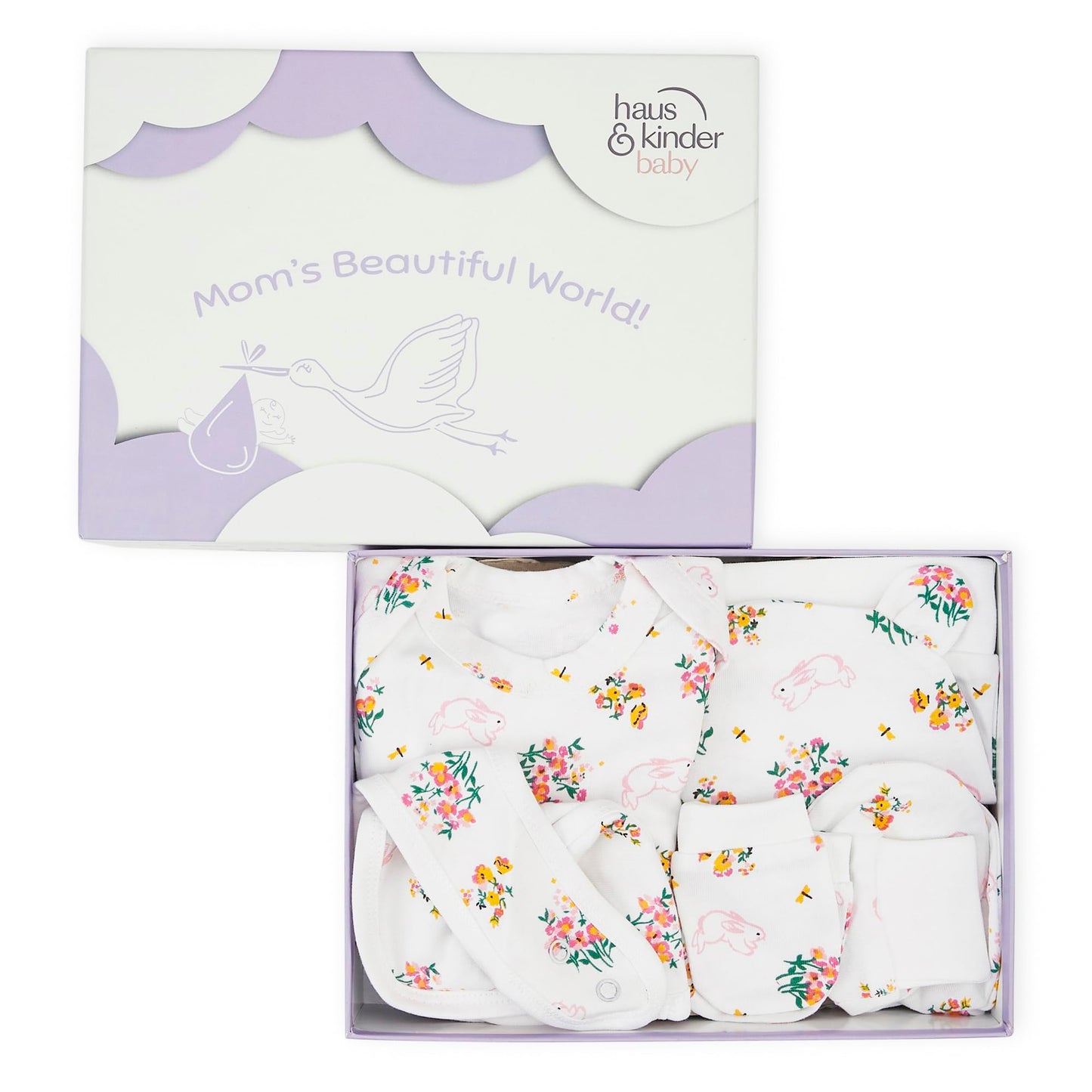 Haus and Kinder Baby Gift Set - Pack of 5 (Bundle With Onesie, Bib, Cap, Mittens & Booties) 2 Variants