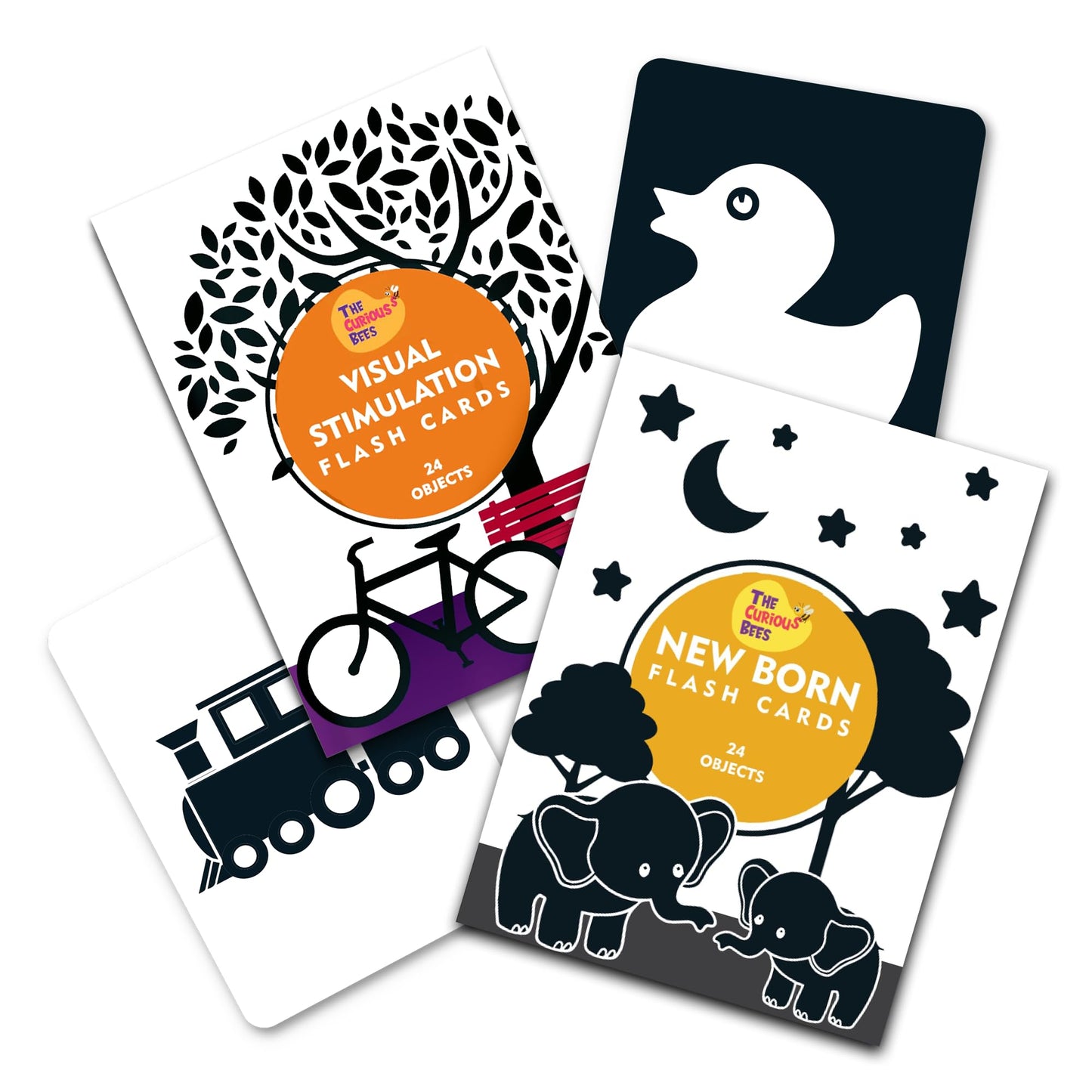 The Curious Bees - High Contrast New Born Anti-Glare Cards | 24 Objects for Visual Stimulation, Cognitive & Sensory Development of 0-6 Month Old Infants