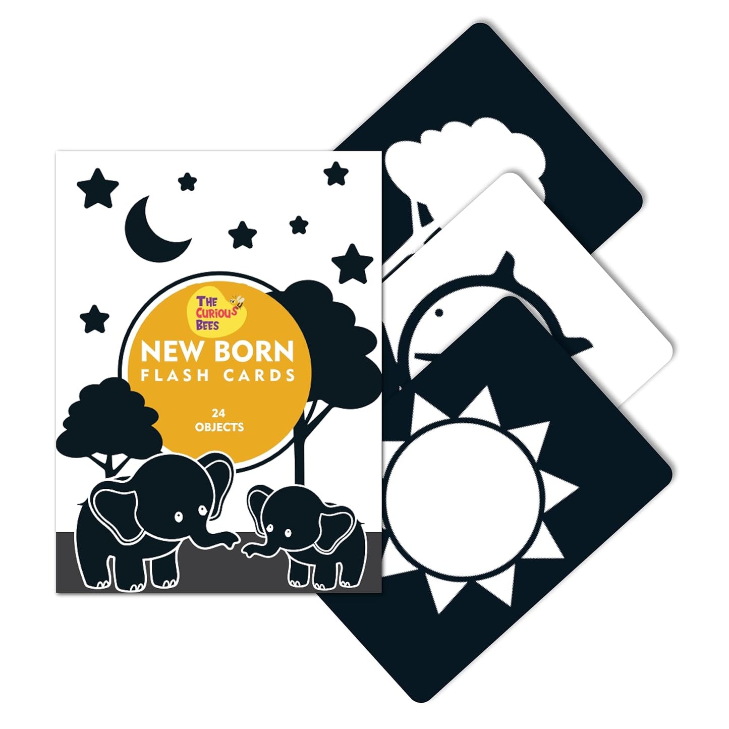 The Curious Bees - High Contrast New Born Anti-Glare Cards | 24 Objects for Visual Stimulation, Cognitive & Sensory Development of 0-6 Month Old Infants