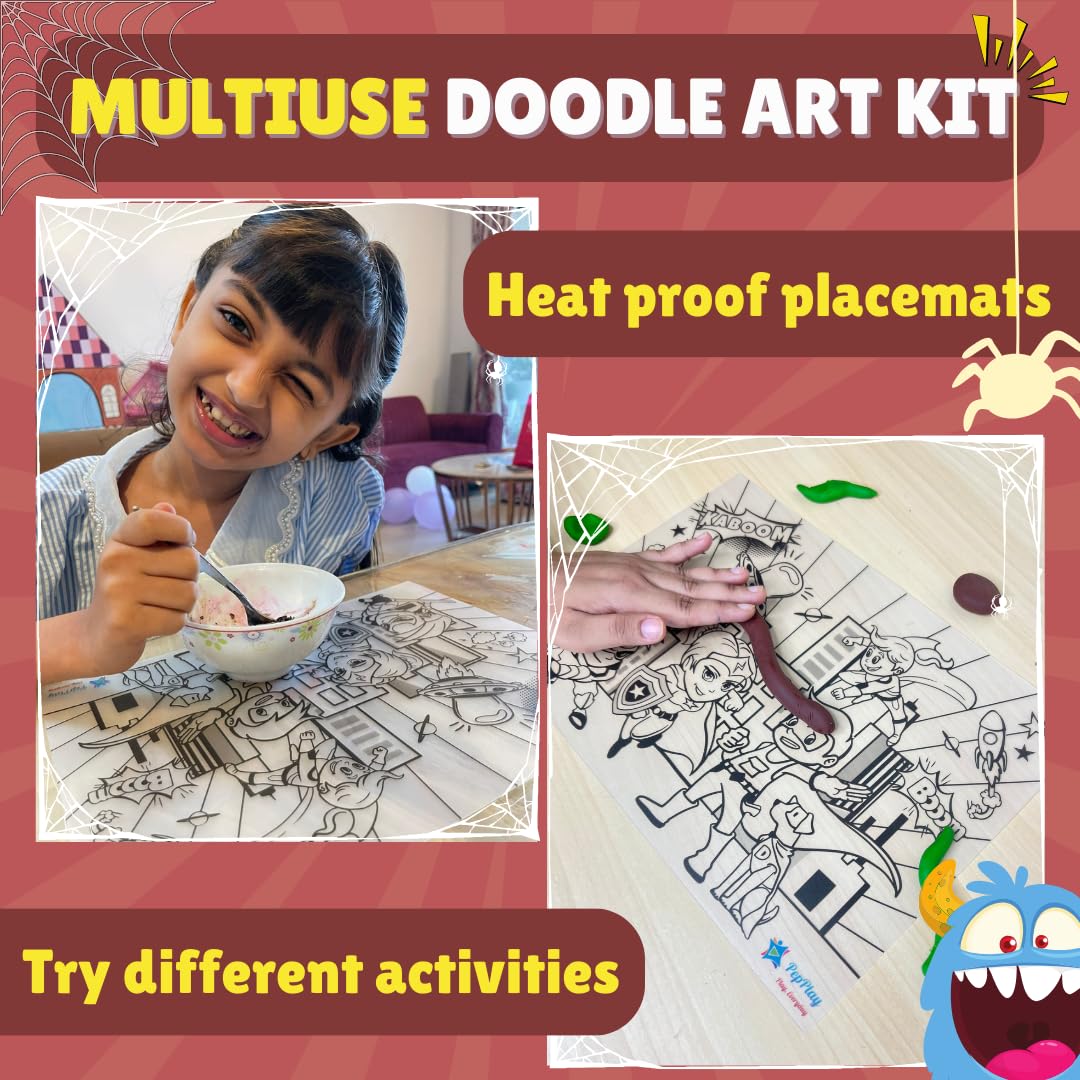 PepPlay Doodle Placemats- 3 Variants to Choose From (Space Series, Heroes & Monsters, and Magical Land) - Aaram Parents