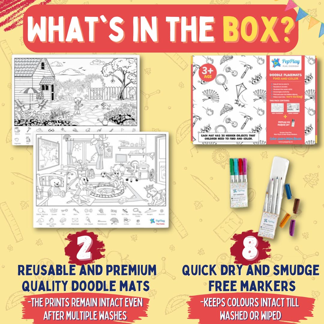 PepPlay Doodle Placemats- 5 Variants to Choose From (Ocean & Wild, Find & Colour, Prehistoric, Educational, and Vehicles) - Aaram Parents
