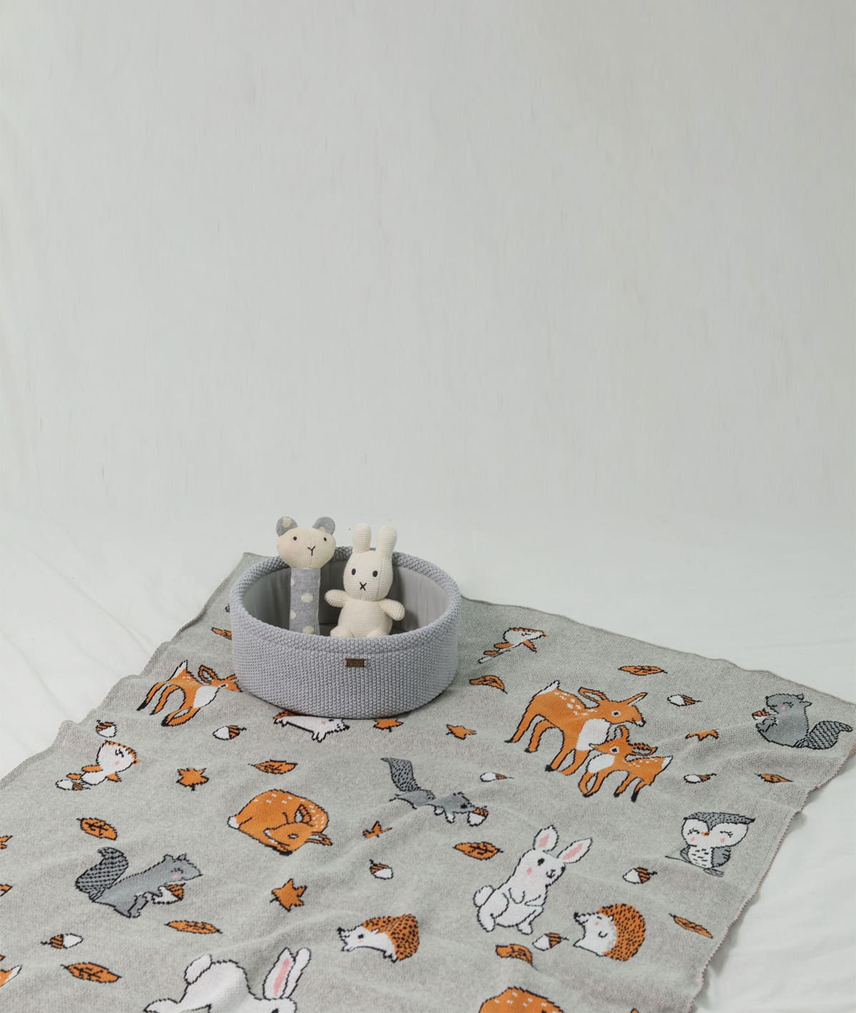 Pluchi Bunny Gift Basket (Set of 4 pcs - Storage Basket, Knitted Baby Blanket, Soft Toy, and Rattle)