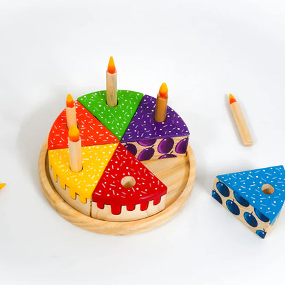 MoonToys- Wooden Rainbow Fruit Cake Toy with Candles | Montessori Educational Pretend Play Cake