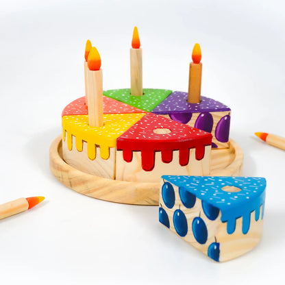 MoonToys- Wooden Rainbow Fruit Cake Toy with Candles | Montessori Educational Pretend Play Cake