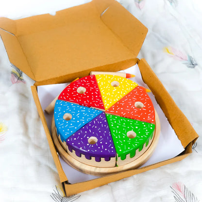 MoonToys- Wooden Rainbow Fruit Cake Toy with Candles | Montessori Educational Pretend Play Cake