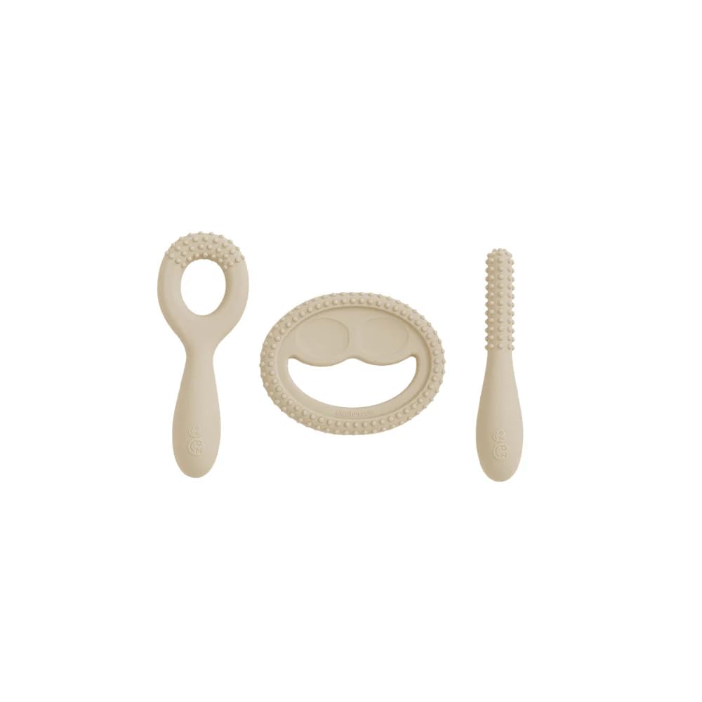 ezpz Oral Development Tools (3 Pack) - Non-Slip Loop, Smile and Stick, 100% Soft Silicone Tools That Encourage Speech Sound, Pre Feeding + Chewing - Sensory Bumps + Tactile Input - 3 Months+ (Pewter)