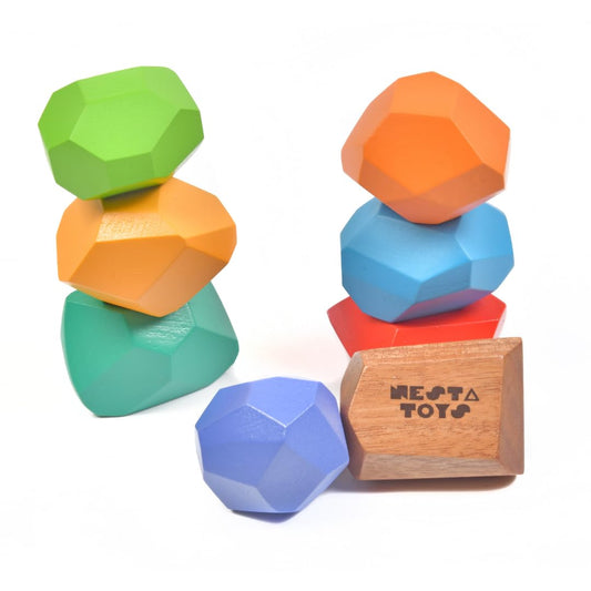 Nesta Toys Wooden Stone Balancing Blocks | Rainbow Stacking Sensory Toy (8 Pcs)