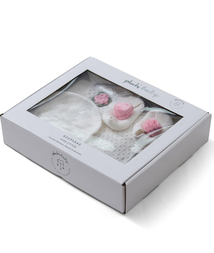 Pluchi Keepsake Baby Gift Set - Crochet Knit Blanket with Hand Crochet Flowers with Booties & Cap in Box Packing
