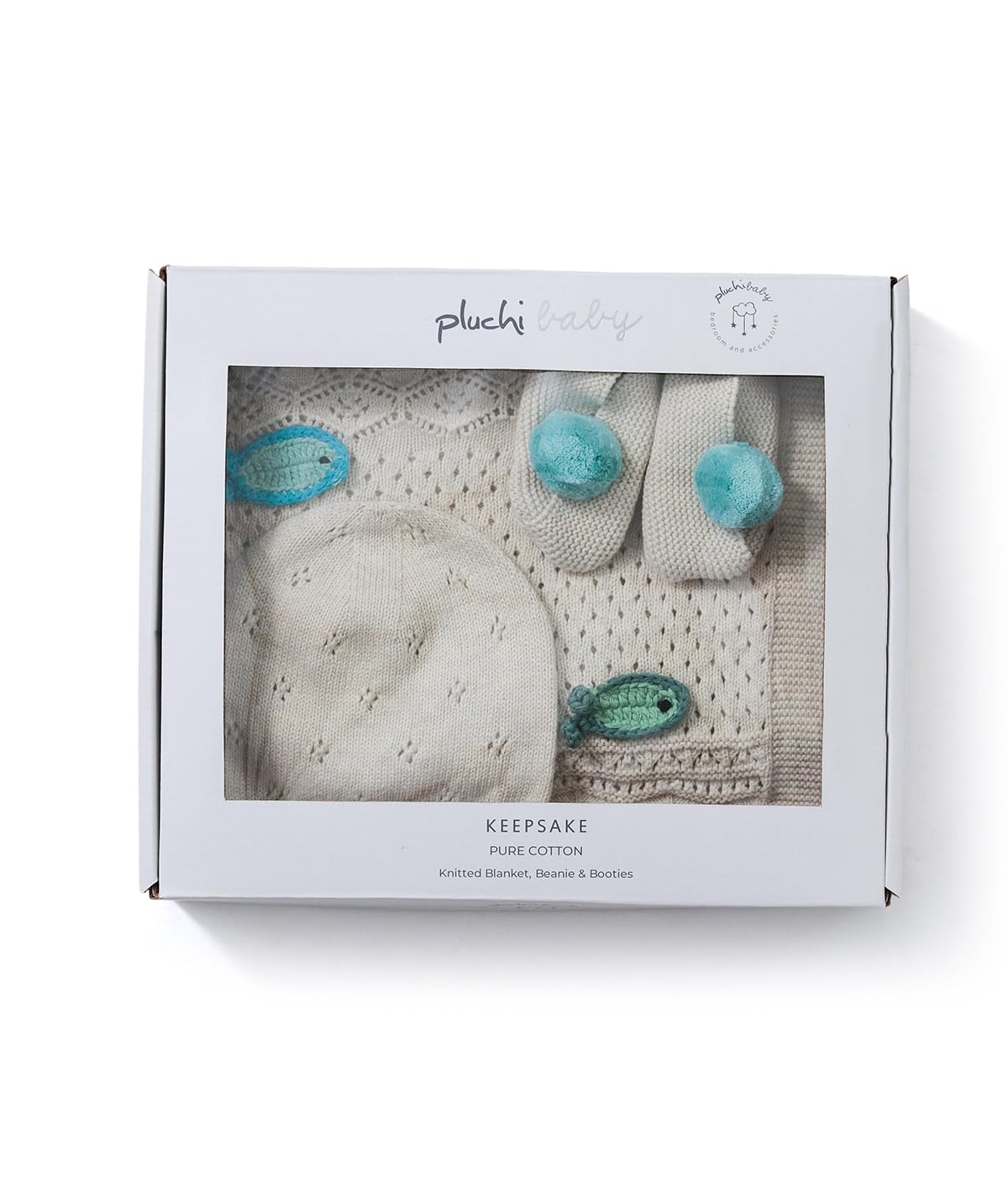 Pluchi Keepsake Baby Gift Set - Crochet Knit Blanket With Hand Crochet Fish With Booties & Cap In Box Packing
