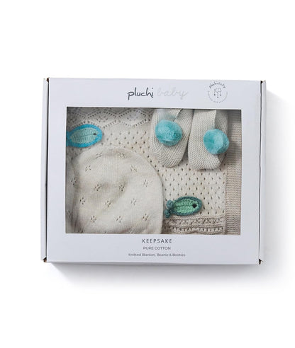 Pluchi Keepsake Baby Gift Set - Crochet Knit Blanket With Hand Crochet Fish With Booties & Cap In Box Packing