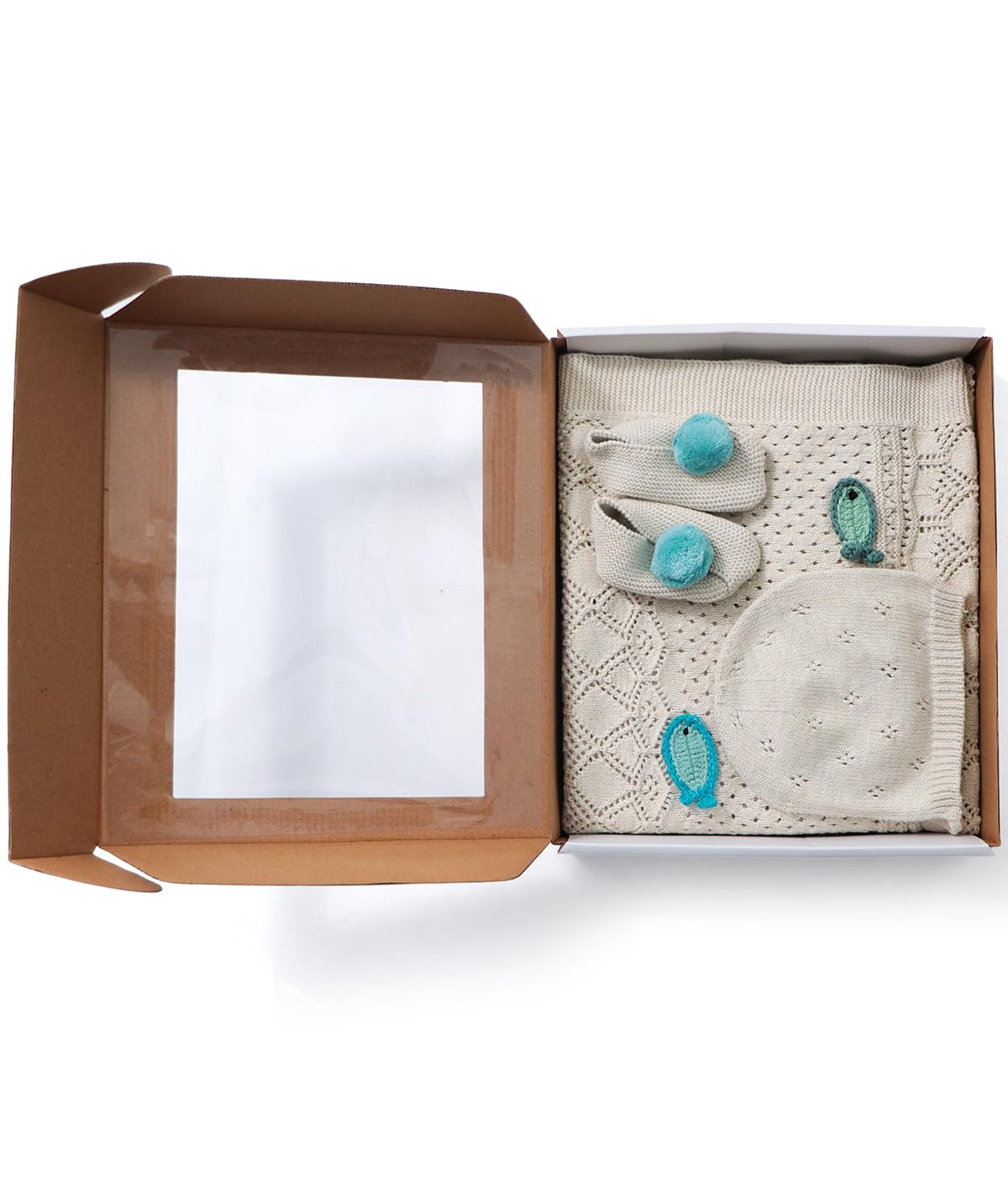 Pluchi Keepsake Baby Gift Set - Crochet Knit Blanket With Hand Crochet Fish With Booties & Cap In Box Packing