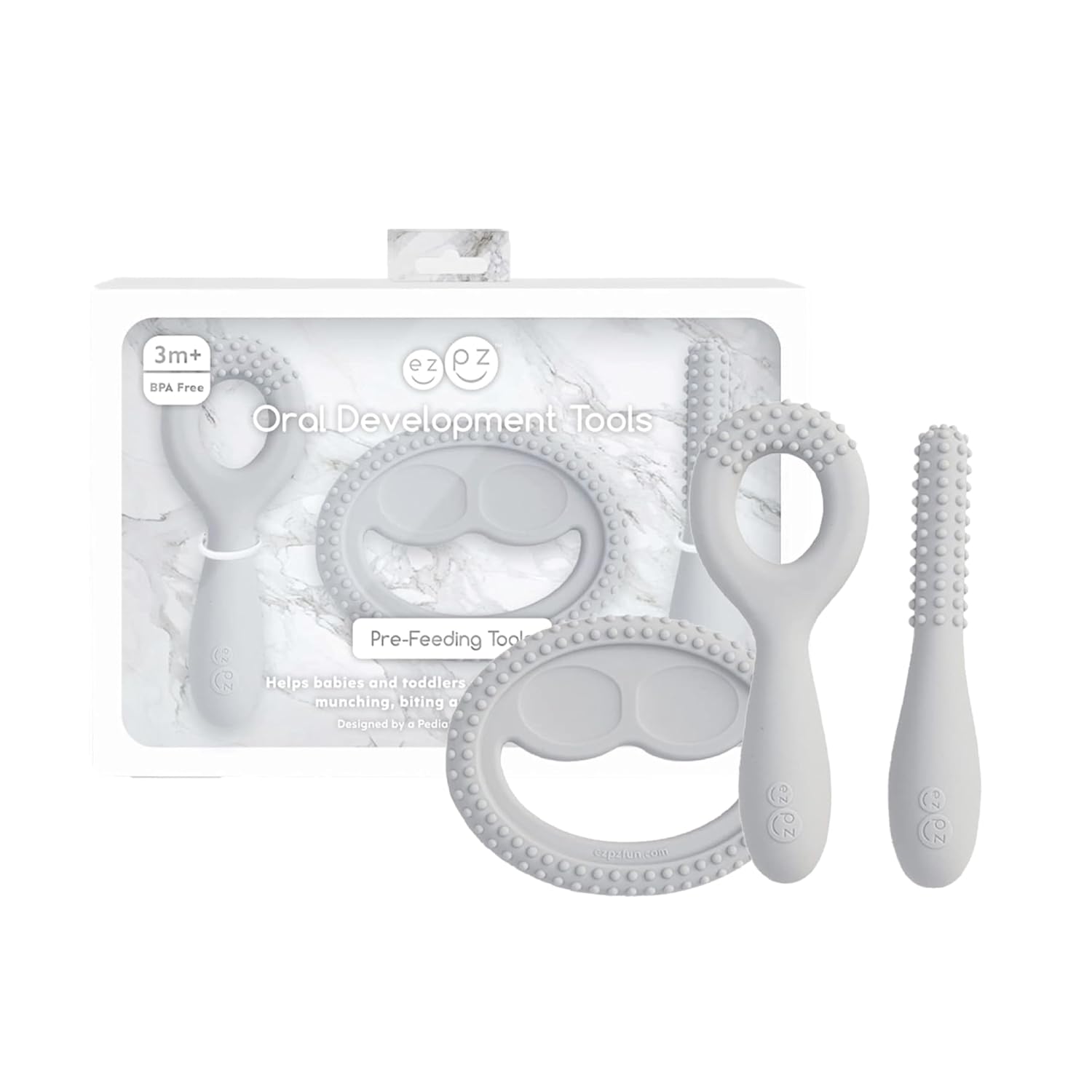 ezpz Oral Development Tools (3 Pack) - Non-Slip Loop, Smile and Stick, 100% Soft Silicone Tools That Encourage Speech Sound, Pre Feeding + Chewing - Sensory Bumps + Tactile Input - 3 Months+ (Pewter)