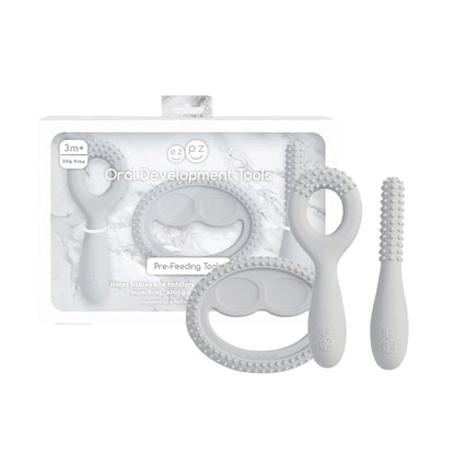 ezpz Oral Development Tools (3 Pack) - Non-Slip Loop, Smile and Stick, 100% Soft Silicone Tools That Encourage Speech Sound, Pre Feeding + Chewing - Sensory Bumps + Tactile Input - 3 Months+ (Pewter)