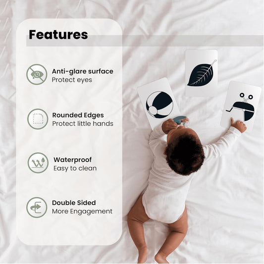 The Curious Bees - High Contrast New Born Anti-Glare Cards | 24 Objects for Visual Stimulation, Cognitive & Sensory Development of 0-6 Month Old Infants