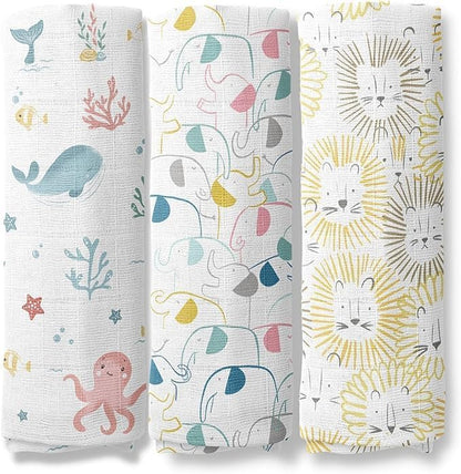 Haus & Kinder Muslin Swaddles For Newborn Pack Of 3 | 100% Cotton Baby Swaddle Blankets | Soft, Breathable, Lightweight, Organic | 100X100 Cm Citrus Groove Collection (Multicolor)
