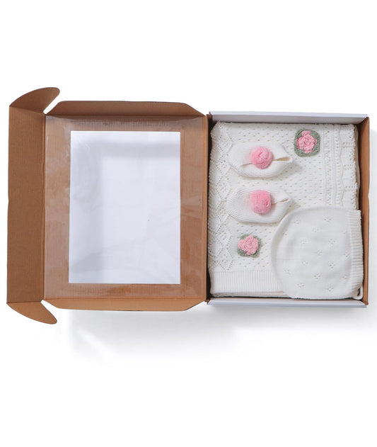 Pluchi Keepsake Baby Gift Set - Crochet Knit Blanket with Hand Crochet Flowers with Booties & Cap in Box Packing