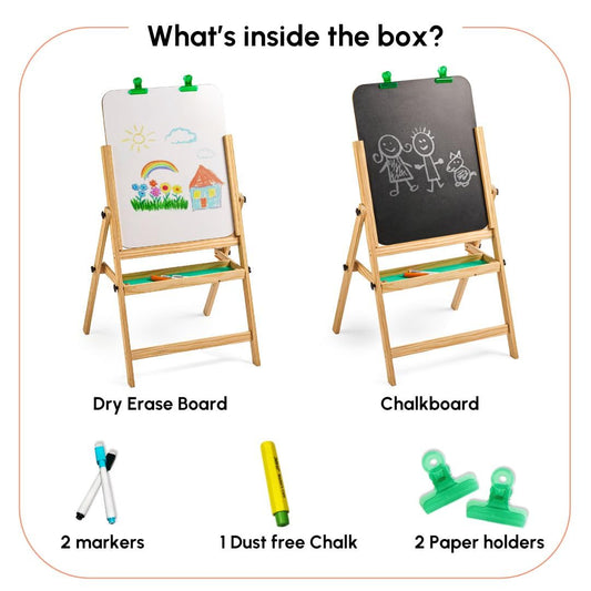 Curious Cub Wooden Easel Board for Kids 3-in-1 Whiteboard,Blackboard & Drawing Board for Kids | Montessori Toys for 1+ Year Old|Easel For Painting With Paper Holders,Tray,Chalk &Marker|Educational Toy