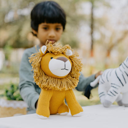 Knitted Cotton Animal Plush Toys - 4 Variants: Lion, Penguin, Zebra & Dinosaur