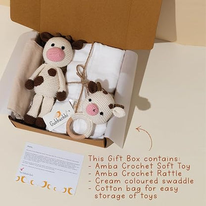 Gubbachhi Soft Toy & Rattle with Cream Swaddle Gift Set - Aaram Parents