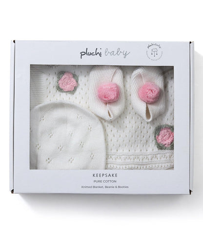 Pluchi Keepsake Baby Gift Set - Crochet Knit Blanket with Hand Crochet Flowers with Booties & Cap in Box Packing