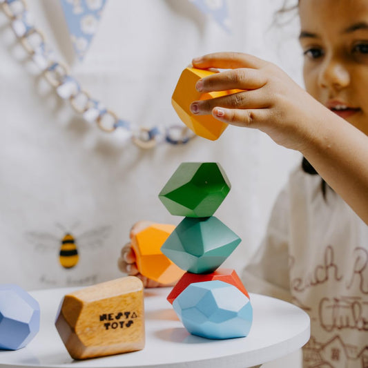 Nesta Toys Wooden Stone Balancing Blocks | Rainbow Stacking Sensory Toy (8 Pcs)