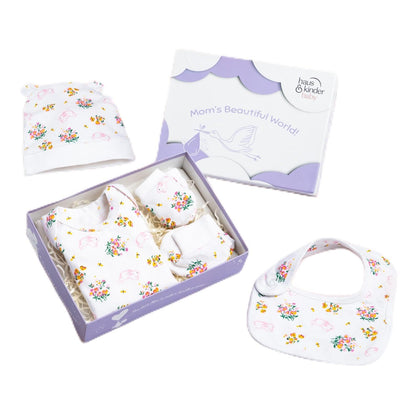 Haus and Kinder Baby Gift Set - Pack of 5 (Bundle With Onesie, Bib, Cap, Mittens & Booties) 2 Variants