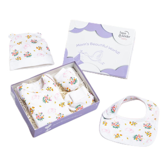 Haus and Kinder Baby Gift Set - Pack of 5 (Bundle With Onesie, Bib, Cap, Mittens & Booties) 2 Variants