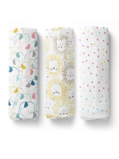 Haus & Kinder Muslin Swaddles For Newborn Pack Of 3 | 100% Cotton Baby Swaddle Blankets | Soft, Breathable, Lightweight, Organic | 100X100 Cm Citrus Groove Collection (Multicolor)