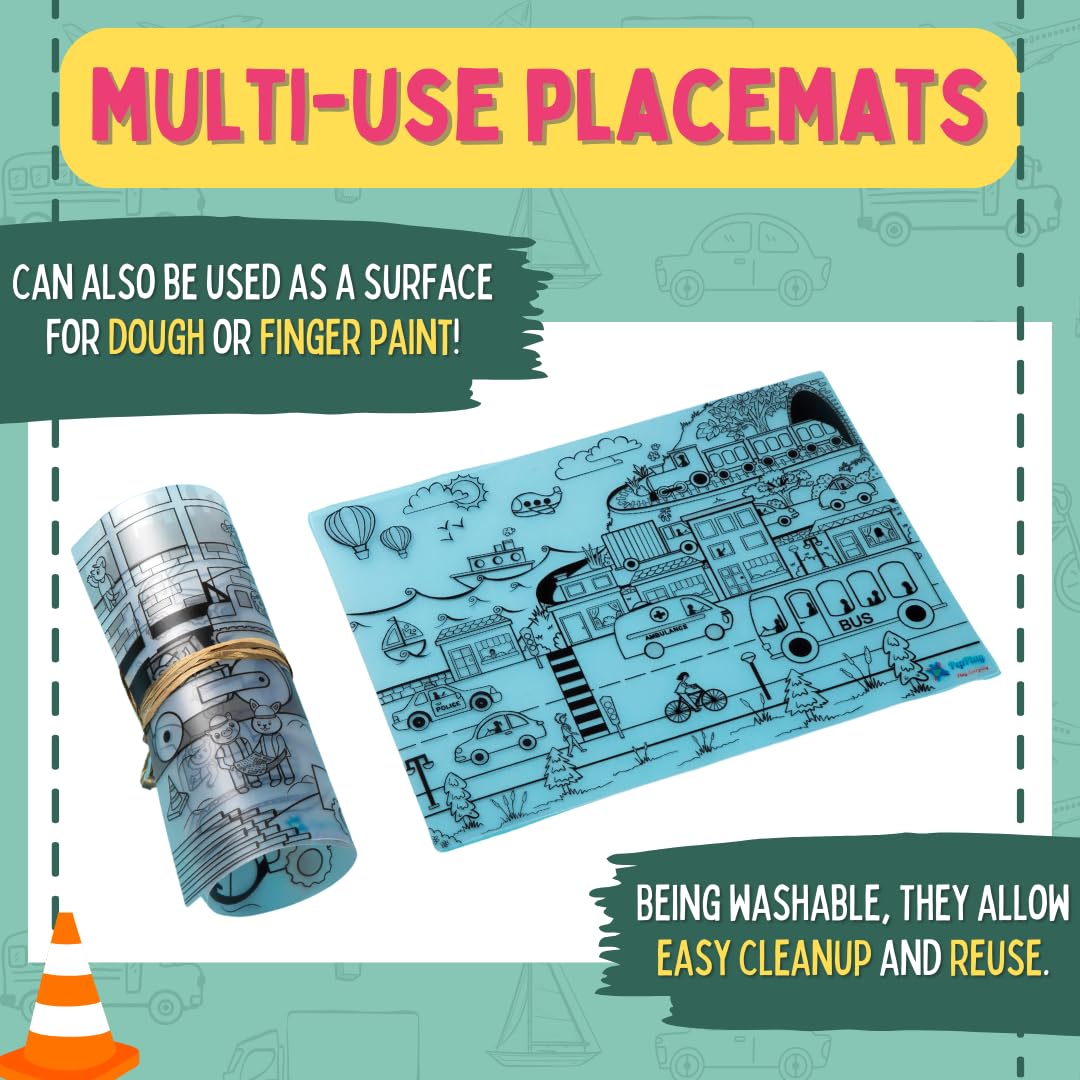 PepPlay Doodle Placemats- 5 Variants to Choose From (Ocean & Wild, Find & Colour, Prehistoric, Educational, and Vehicles) - Aaram Parents