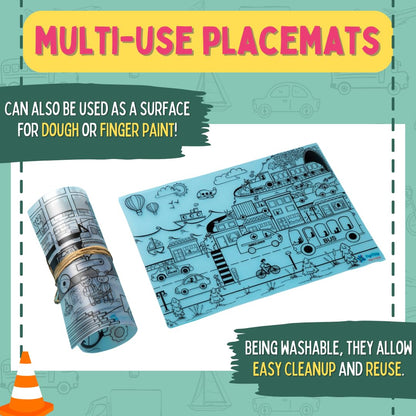 PepPlay Doodle Placemats- 5 Variants to Choose From (Ocean & Wild, Find & Colour, Prehistoric, Educational, and Vehicles) - Aaram Parents