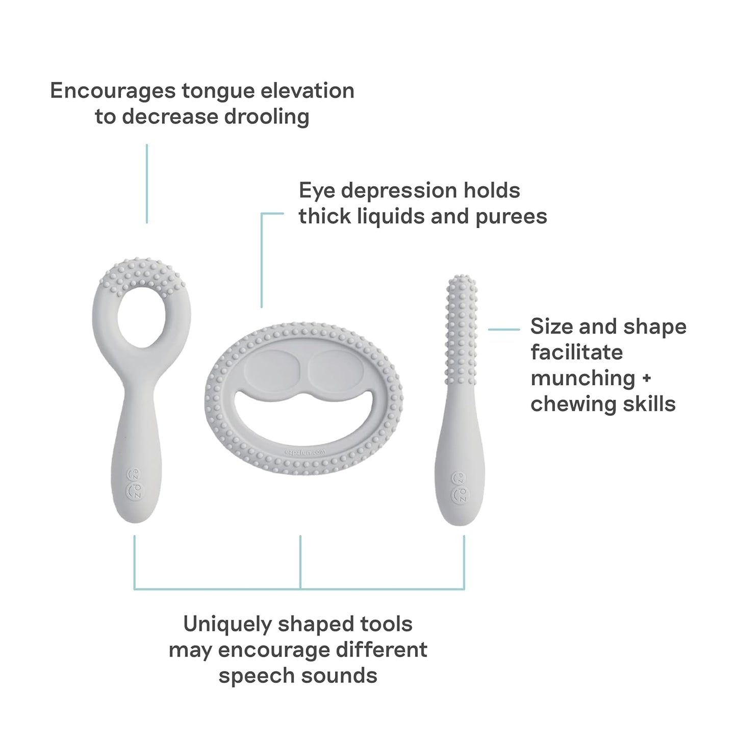 ezpz Oral Development Tools (3 Pack) - Non-Slip Loop, Smile and Stick, 100% Soft Silicone Tools That Encourage Speech Sound, Pre Feeding + Chewing - Sensory Bumps + Tactile Input - 3 Months+ (Pewter)