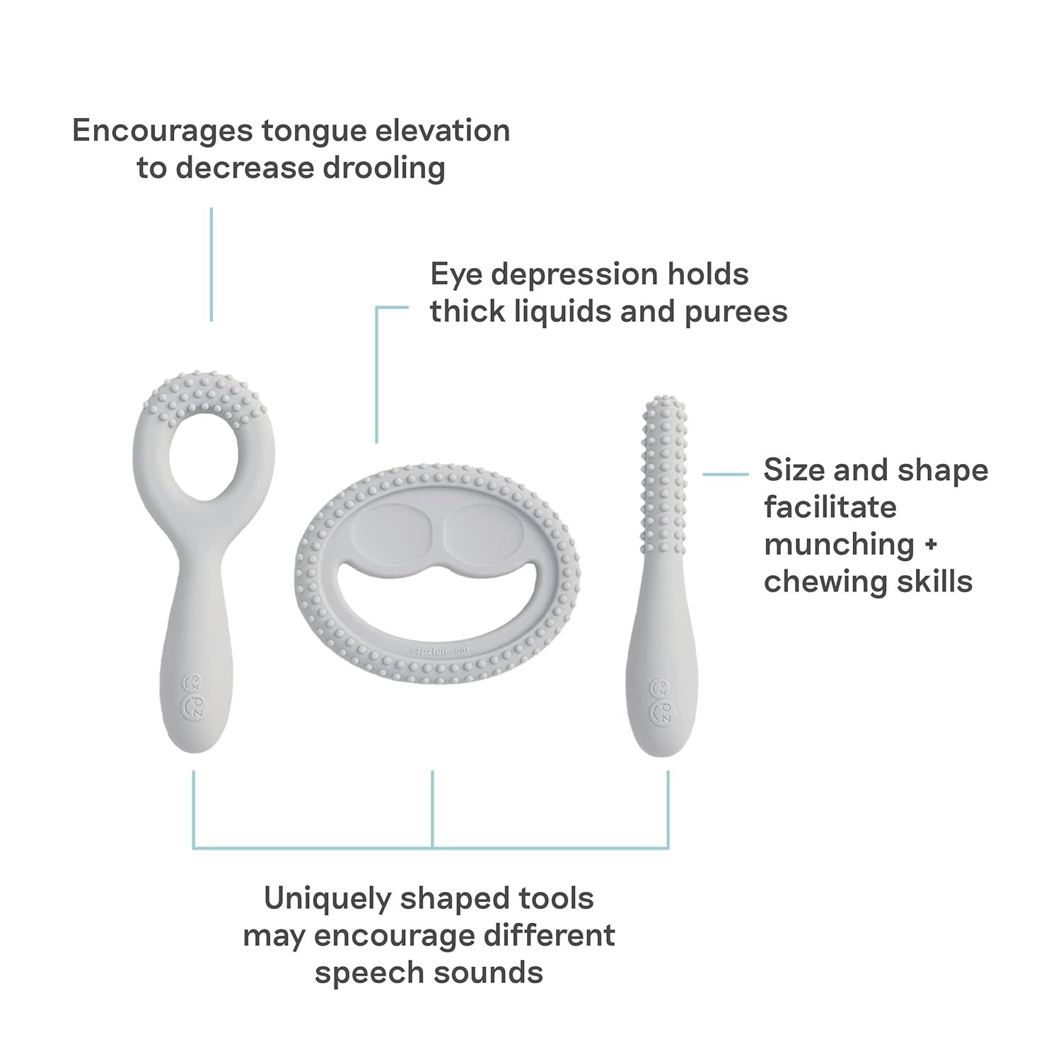 ezpz Oral Development Tools (3 Pack) - Non-Slip Loop, Smile and Stick, 100% Soft Silicone Tools That Encourage Speech Sound, Pre Feeding + Chewing - Sensory Bumps + Tactile Input - 3 Months+ (Pewter)