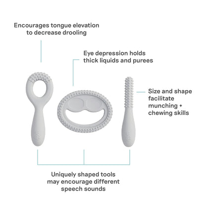 ezpz Oral Development Tools (3 Pack) - Non-Slip Loop, Smile and Stick, 100% Soft Silicone Tools That Encourage Speech Sound, Pre Feeding + Chewing - Sensory Bumps + Tactile Input - 3 Months+ (Pewter)
